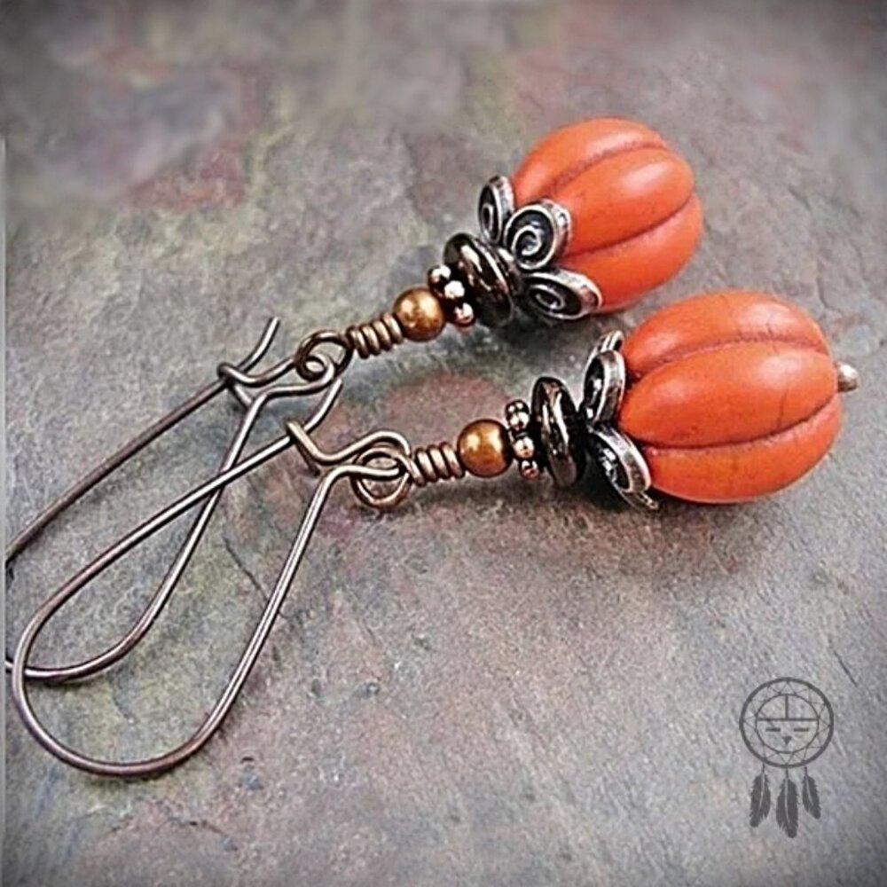 Rustic Pumpkin Earrings Copper Dangle Orange Gemstone Autumn Fall Boho Handmade - Picture 5 of 8